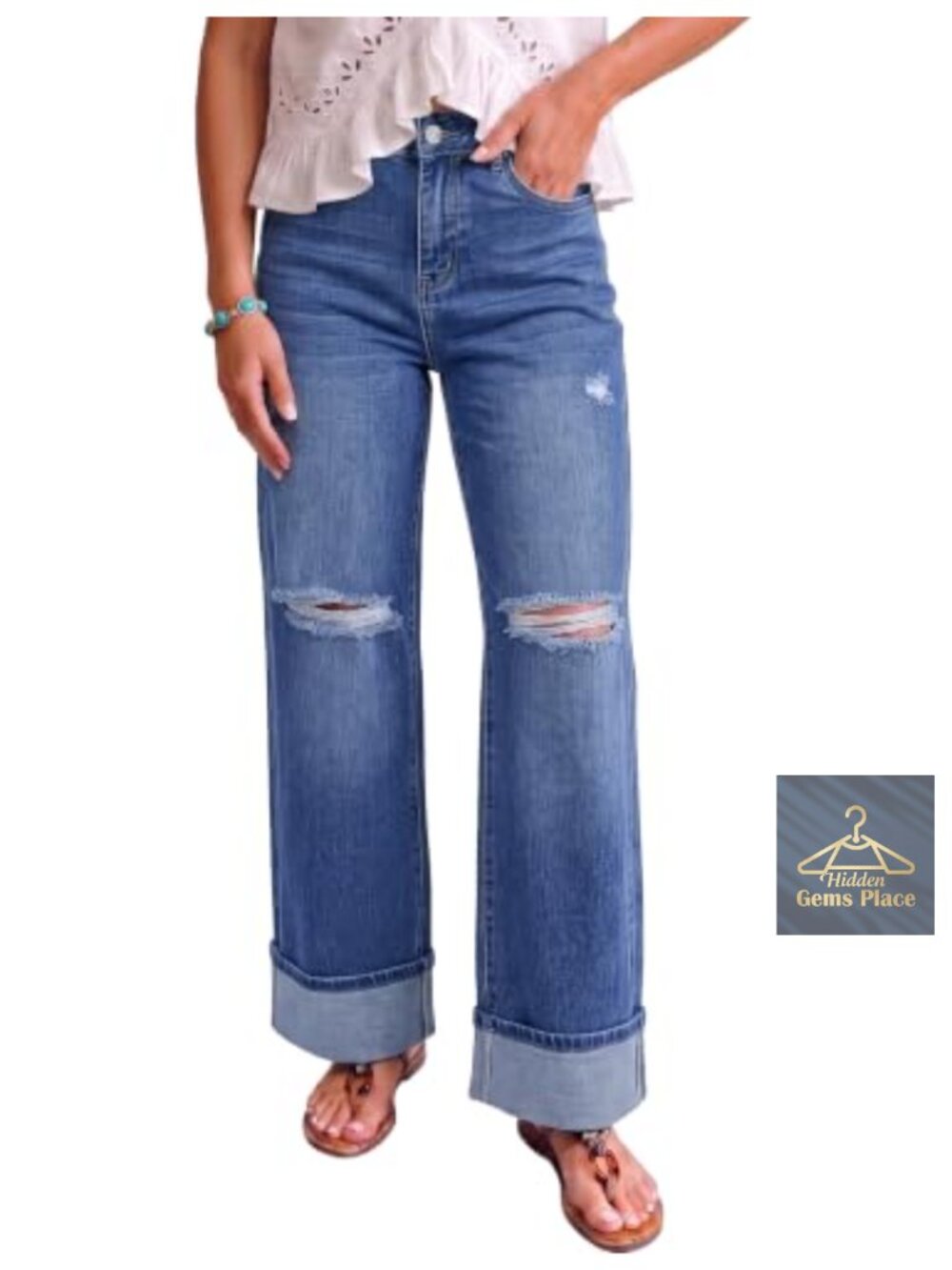 Wide Leg Ripped Denim Jeans High Waisted Stretchy 29in